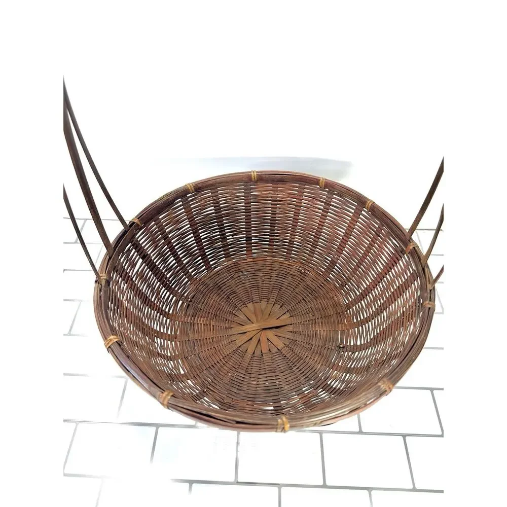 Vintage DCR Handwoven Bamboo Basket Bentwood Triple Handle Oval Wicker Basket